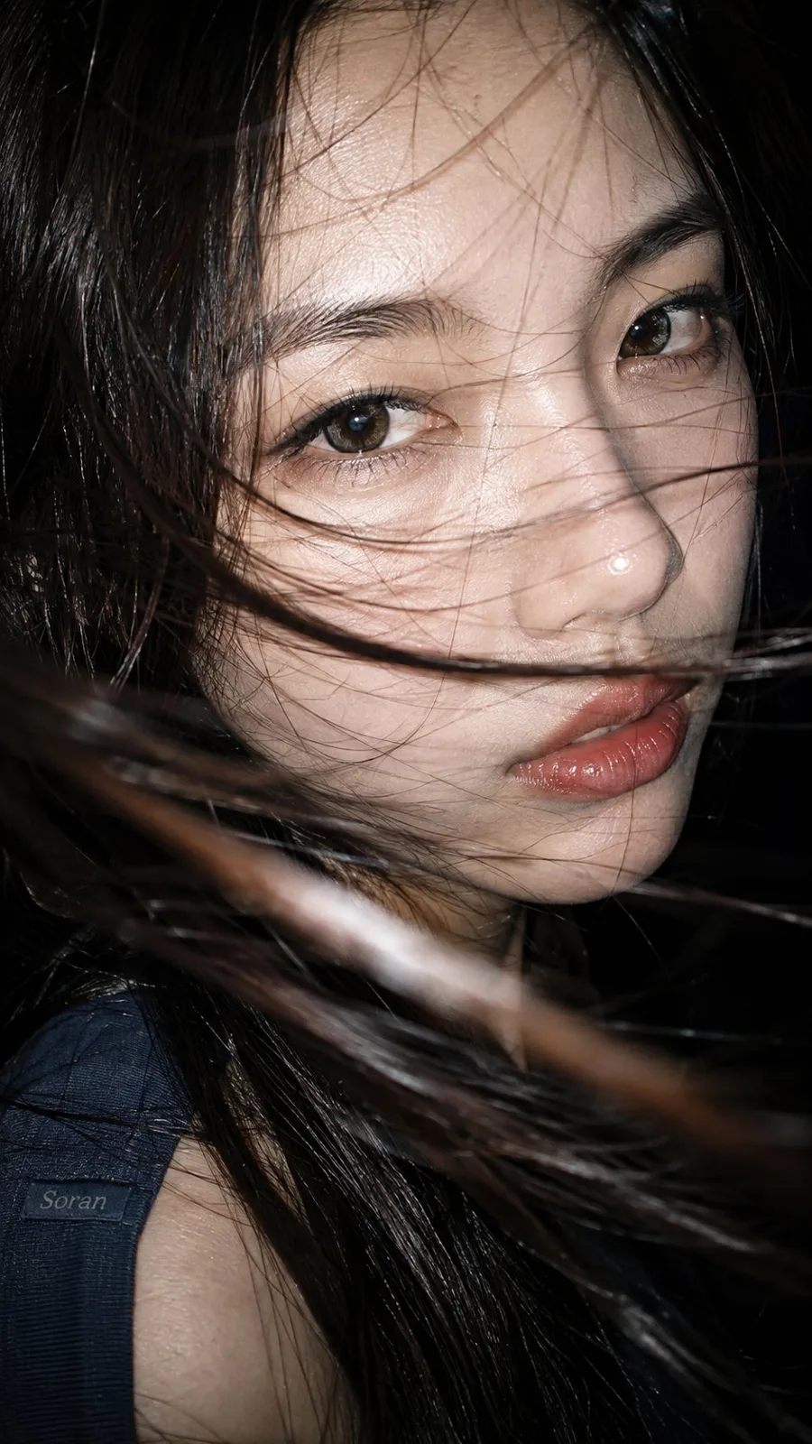 Realistic east asian woman extreme closeup flash portrait — After