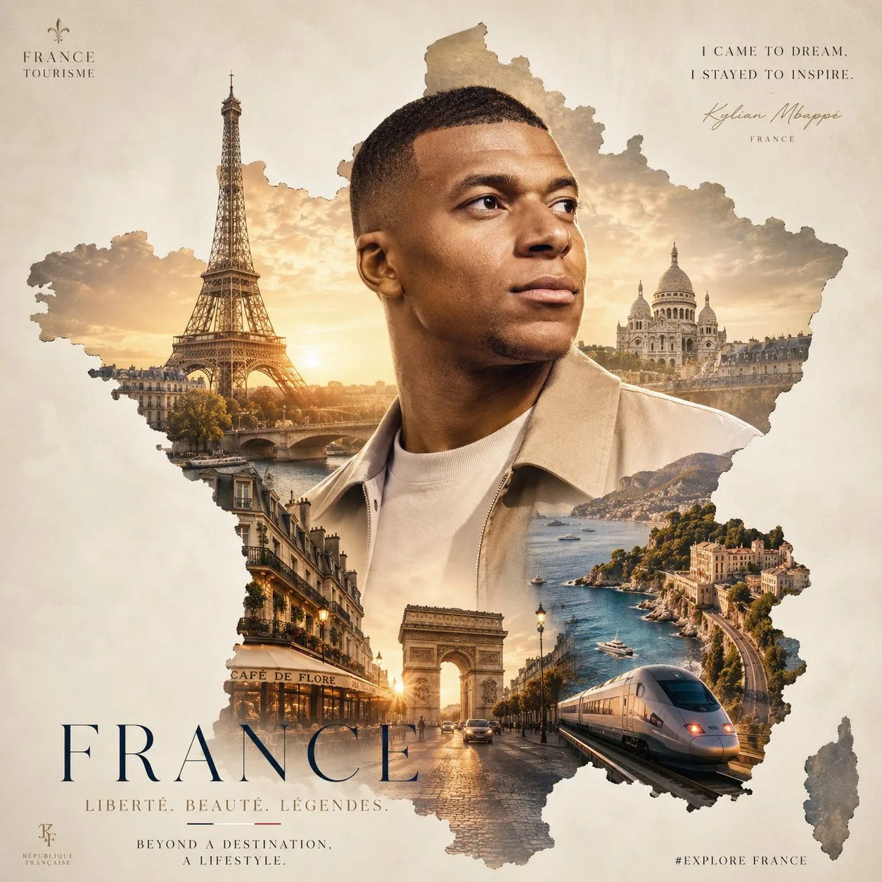 Ultra premium cinematic travel poster double exposure — Sonra