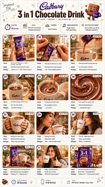 Cadbury 3 in 1 chocolate drink commercial storyboard