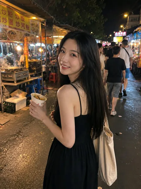 Asian woman night market phone snapshot