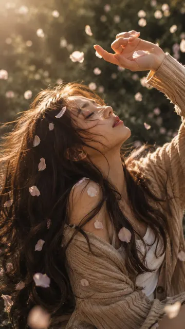 Dreamy cinematic portrait woman golden sunlight