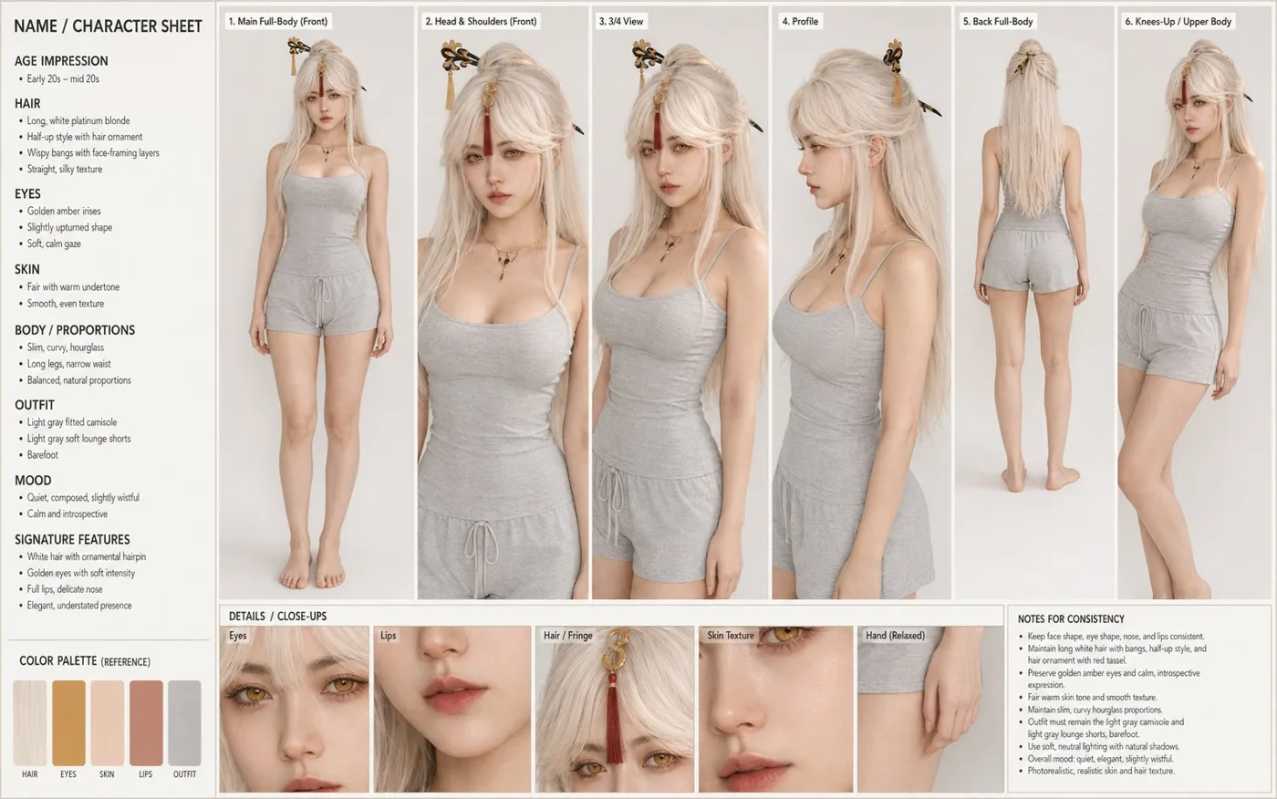 Realistic adult female character sheet consistency — Sonra