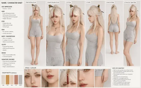 Realistic adult female character sheet consistency