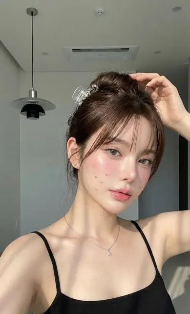 Realistic glass skin minimalist indoor portrait