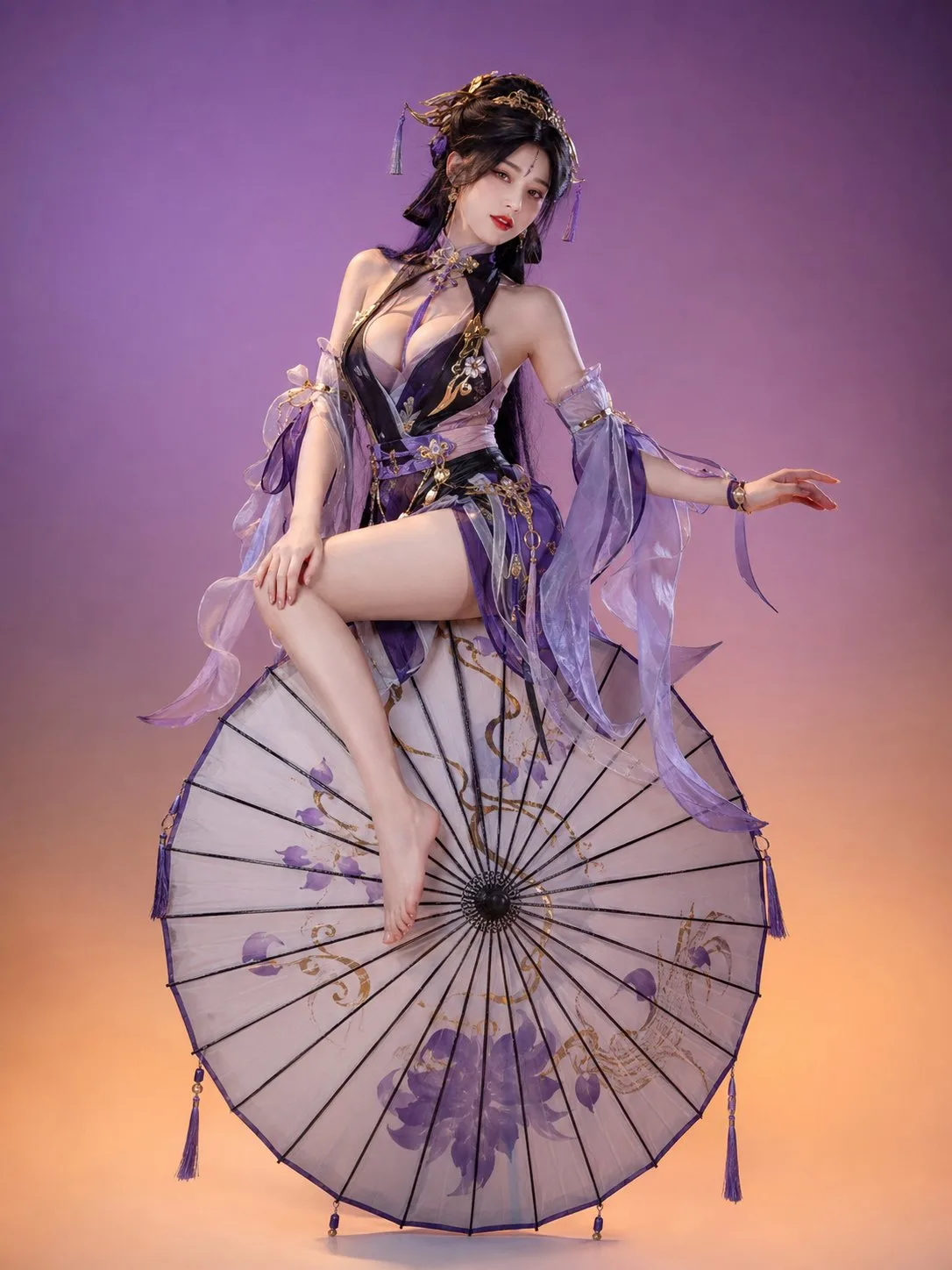 Elegant sitting pose on oil paper umbrella — After