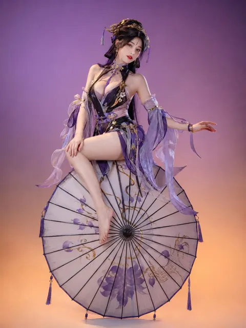 Elegant sitting pose on oil paper umbrella