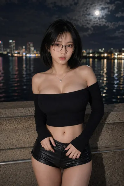Korean fashion night waterfront realistic portrait prompt