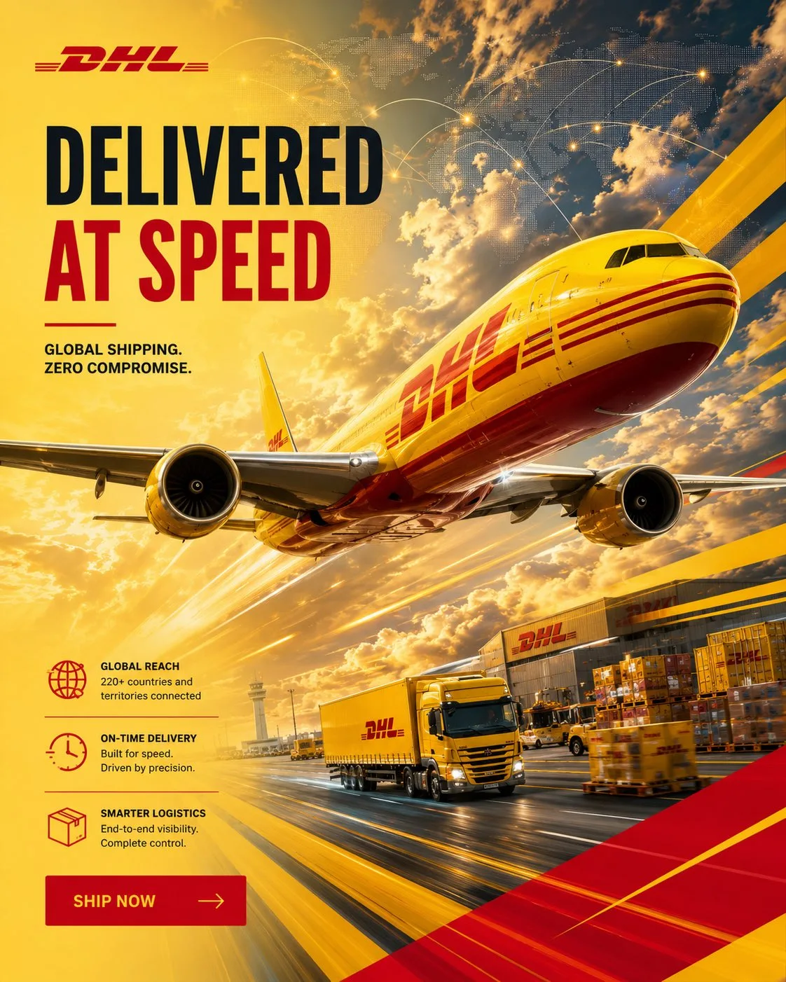 Dhl global logistics premium advertising poster prompt — After
