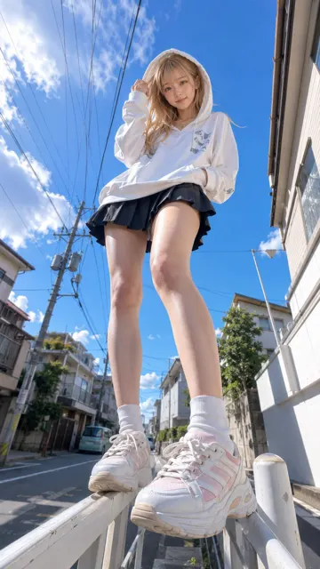 Japanese woman streetwear hoodie worms eye view
