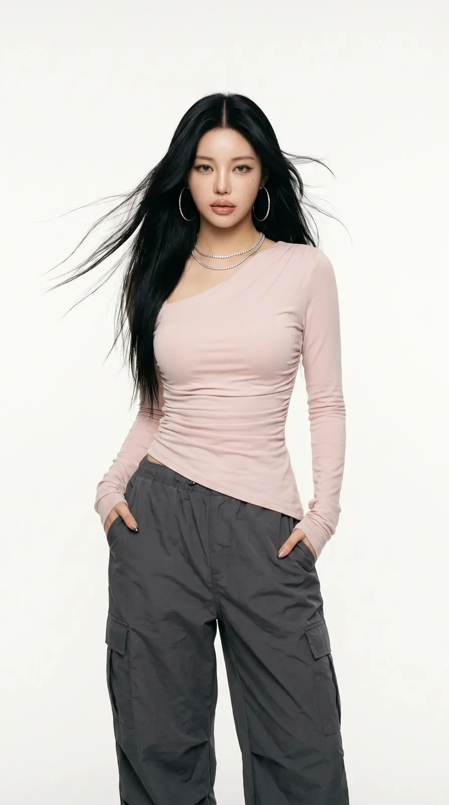 East asian woman minimalist y2k fashion studio editorial — After