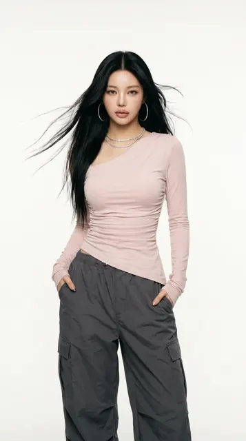 East asian woman minimalist y2k fashion studio editorial