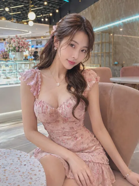 Korean woman pink floral dress mall