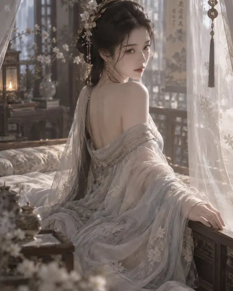 Soft gauze robe sitting on daybed gentle expression