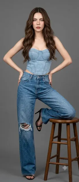 Full body studio portrait woman denim outfit