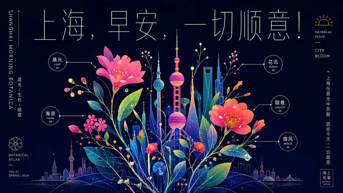 Botanical atlas style shanghai good morning poster — Sonra