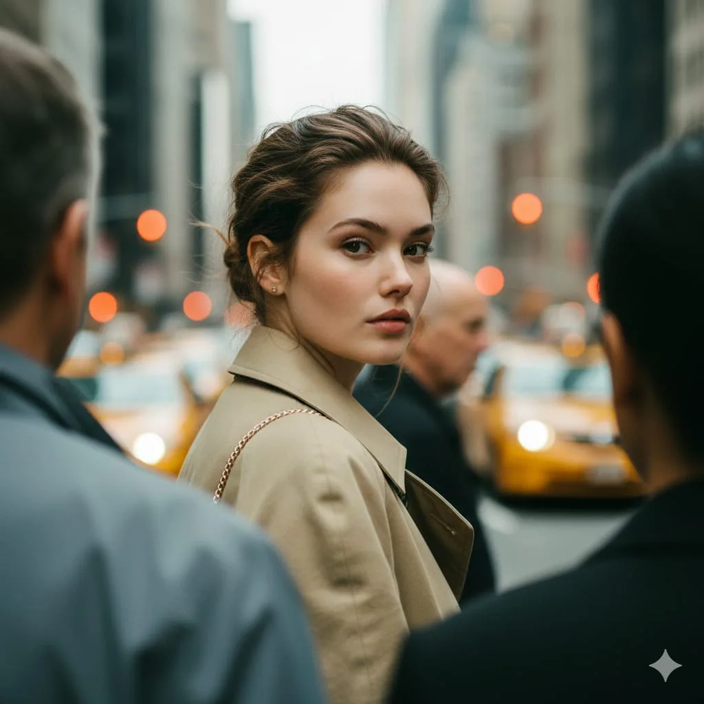 Cinematic shallow depth street portrait — Sonra