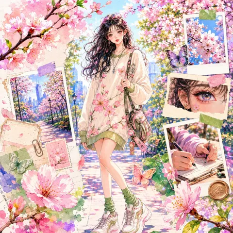 Dreamy anime girl watercolor fashion collage