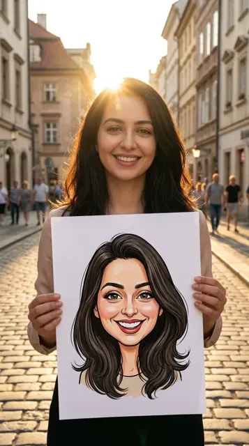 Person holding caricature drawing european old town golden hour