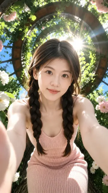 Dreamy summer garden ultra wide selfie portrait