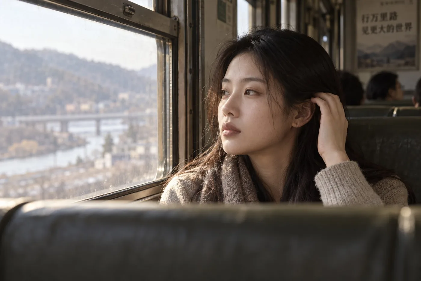 Realistic east asian woman vintage train carriage portrait — After