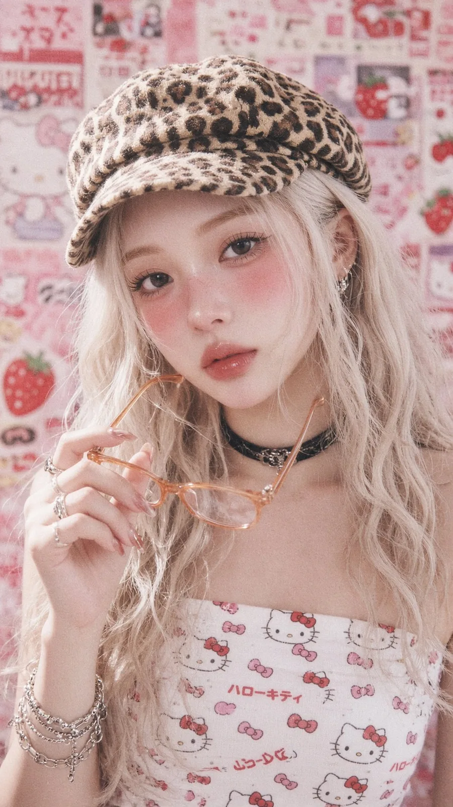 East asian woman leopard cap hello kitty aesthetic — Sonra