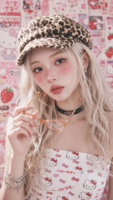 East asian woman leopard cap hello kitty aesthetic