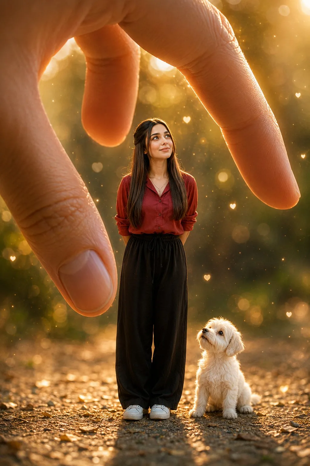 Whimsical miniature world girl giant hand — After