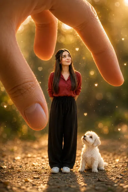 Whimsical miniature world girl giant hand