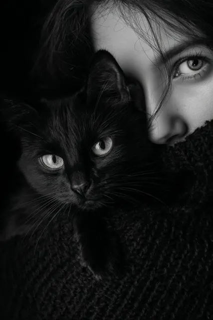 Intense bw light woman cat