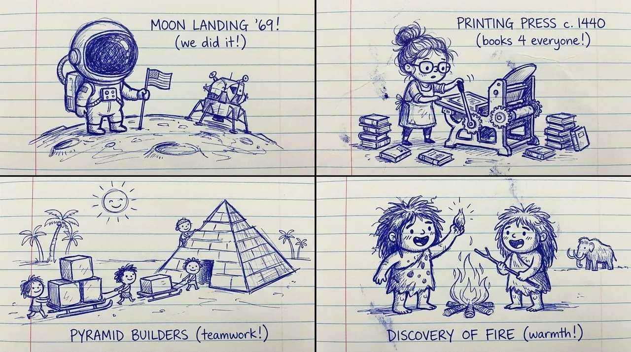 Notebook ballpoint pen doodle historic scenes — Sonra