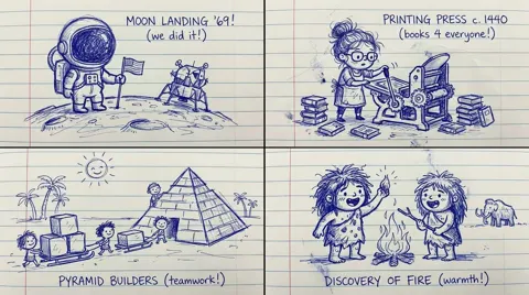 Notebook ballpoint pen doodle historic scenes