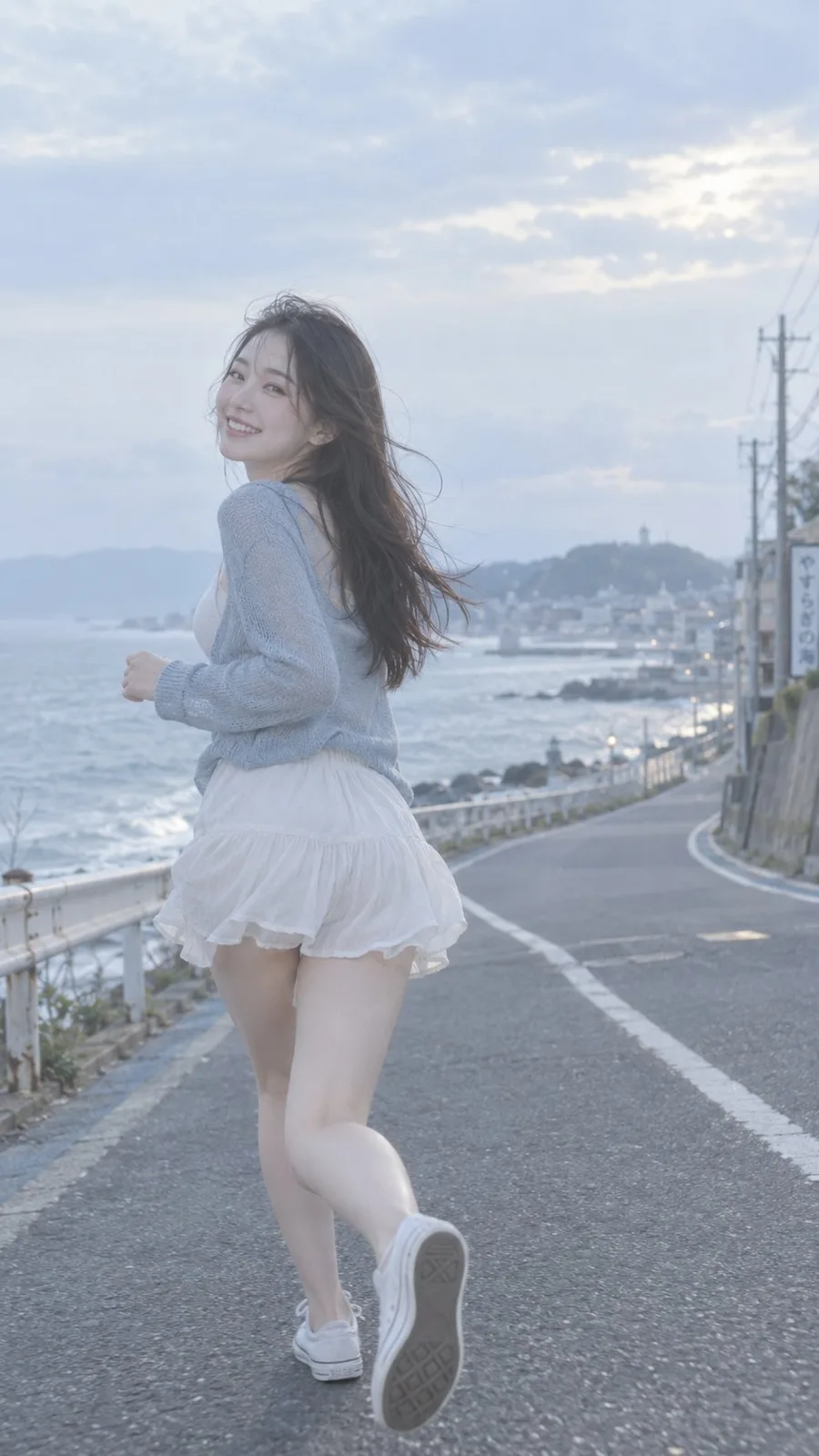 Korean influencer seaside road japanese film style — After
