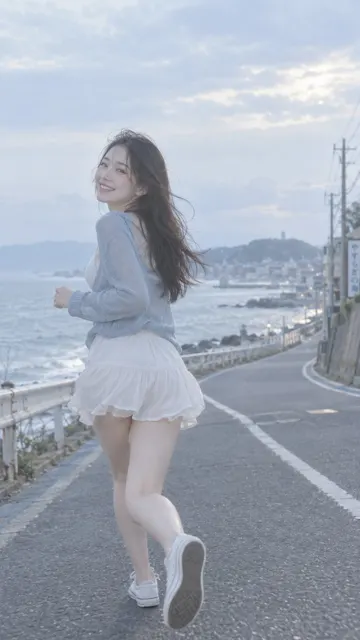 Korean influencer seaside road japanese film style