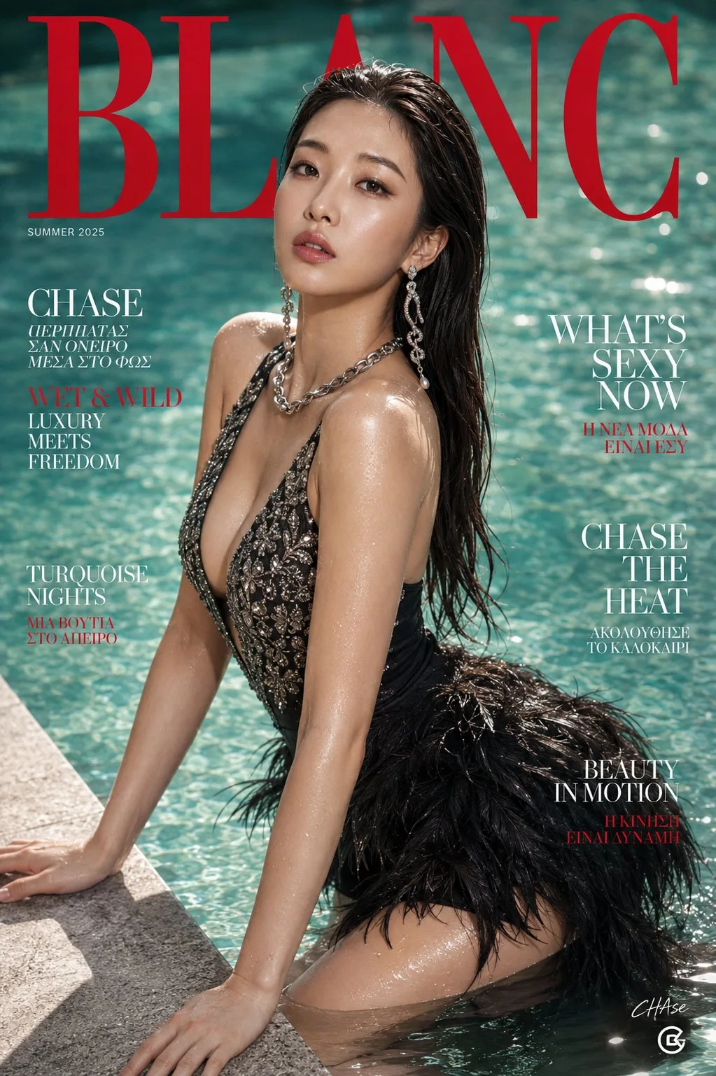 Luxury fashion magazine cover poolside editorial — Sonra