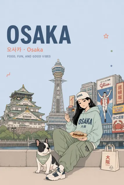 Anime travel poster pastel aesthetic city girl