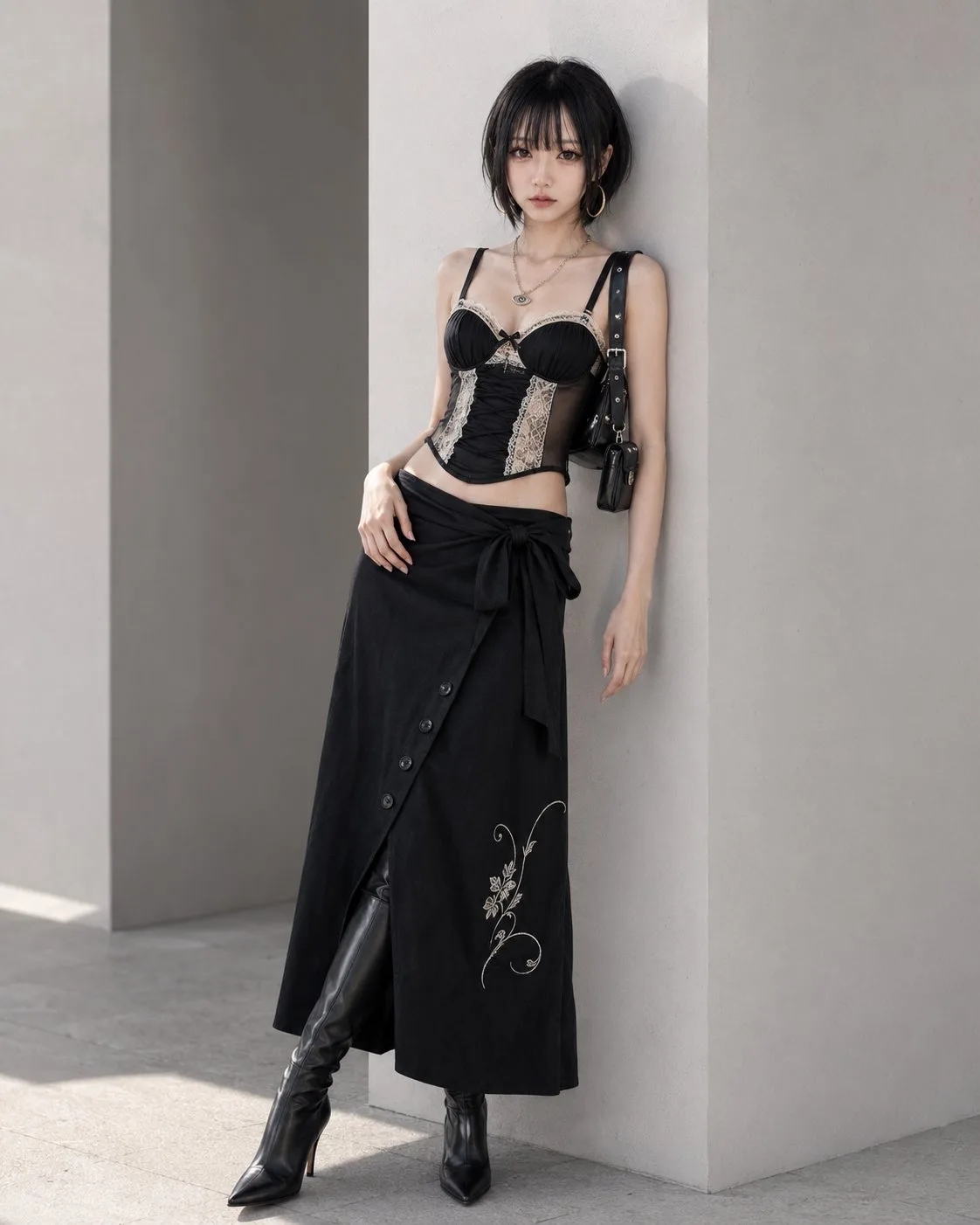 Lace corset top wrap skirt knee high boots — Sonra