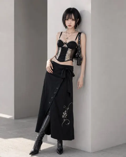 Lace corset top wrap skirt knee high boots