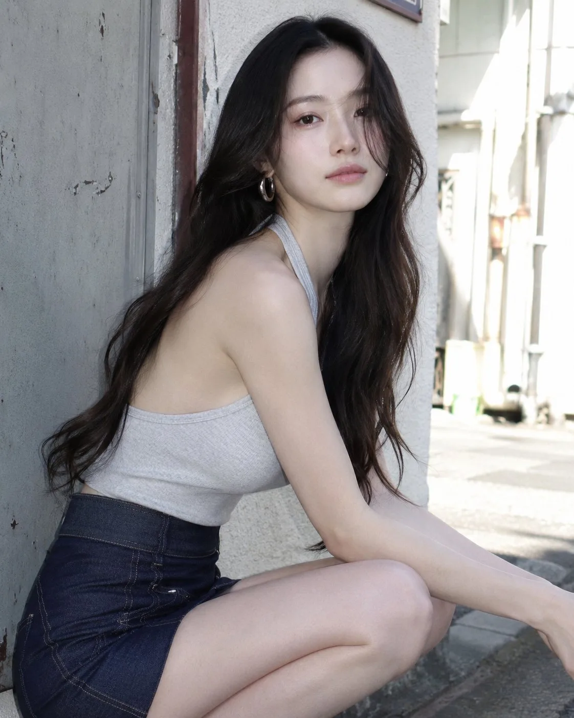 Pale gray halter top dark indigo denim skirt outfit — After