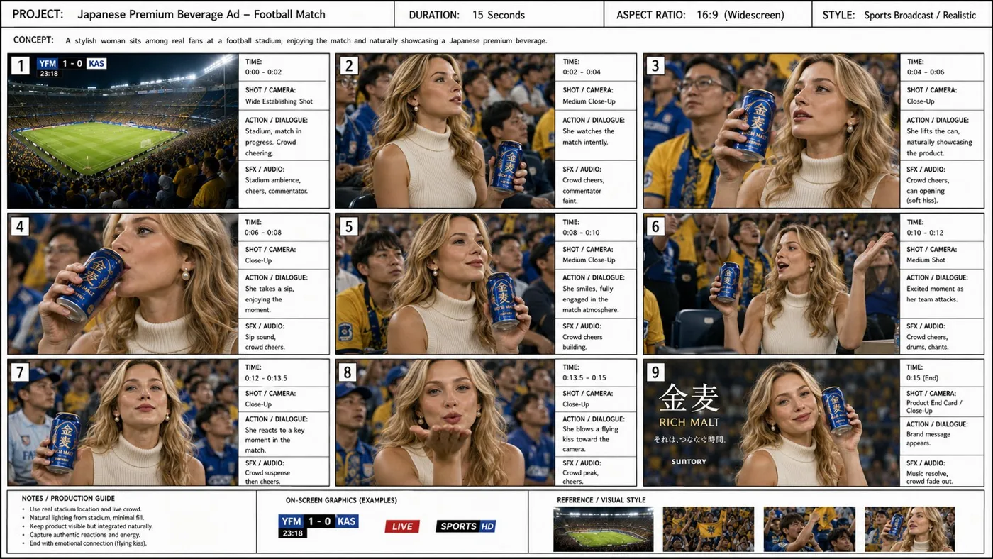 Hyper realistic sports commercial storyboard stadium — Sonra