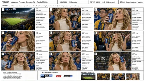 Hyper realistic sports commercial storyboard stadium
