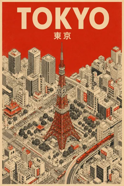 Mid century isometric travel poster prompt