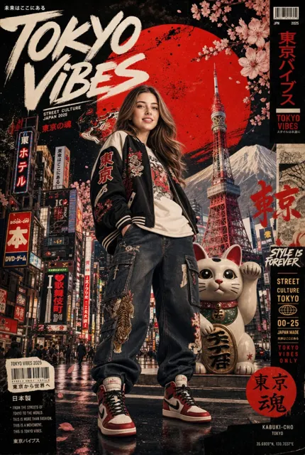 Ultra detailed japanese streetwear fashion poster tokyo vibes