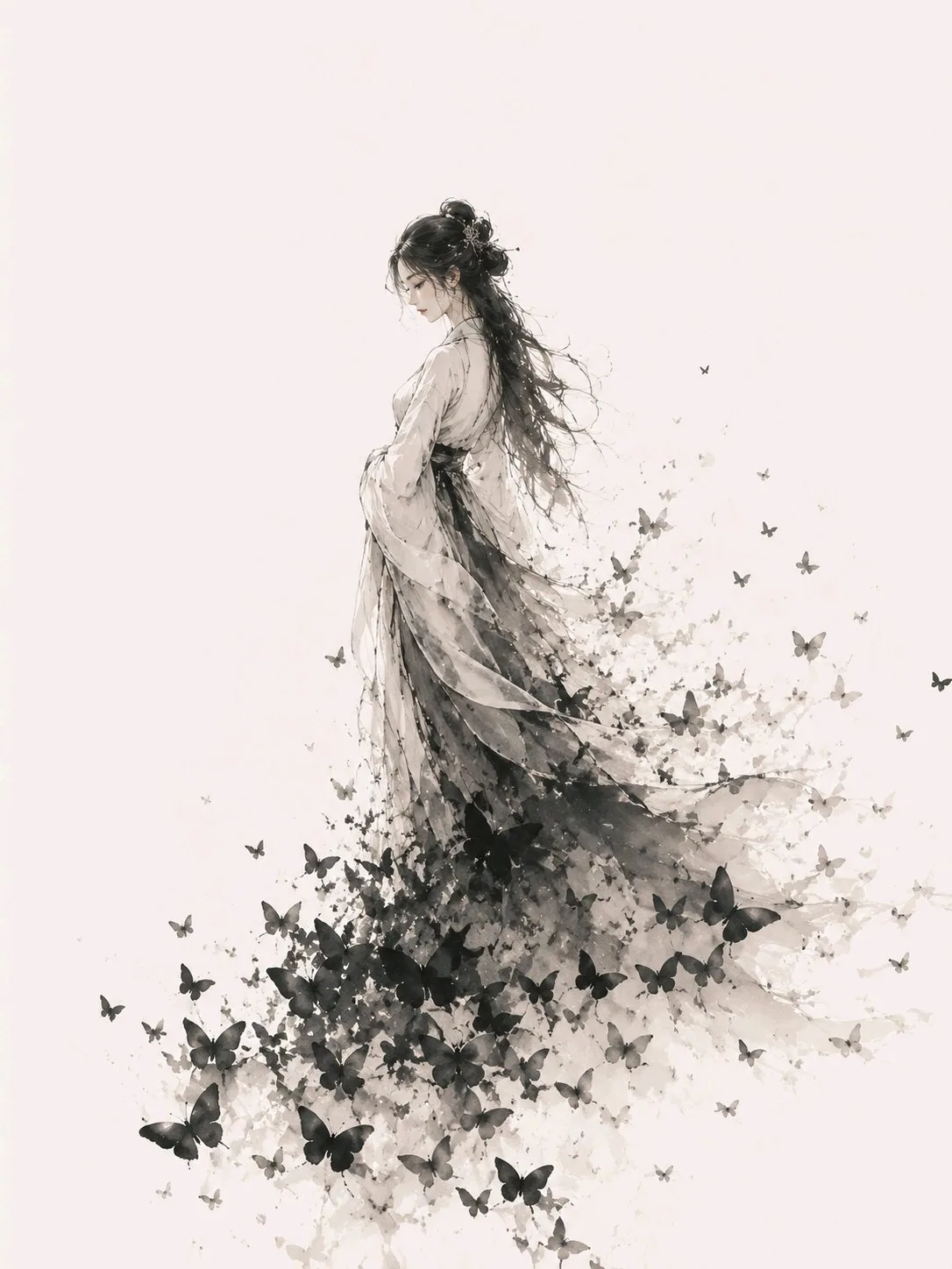 Chinese modern ink wash girl butterfly art poster — After