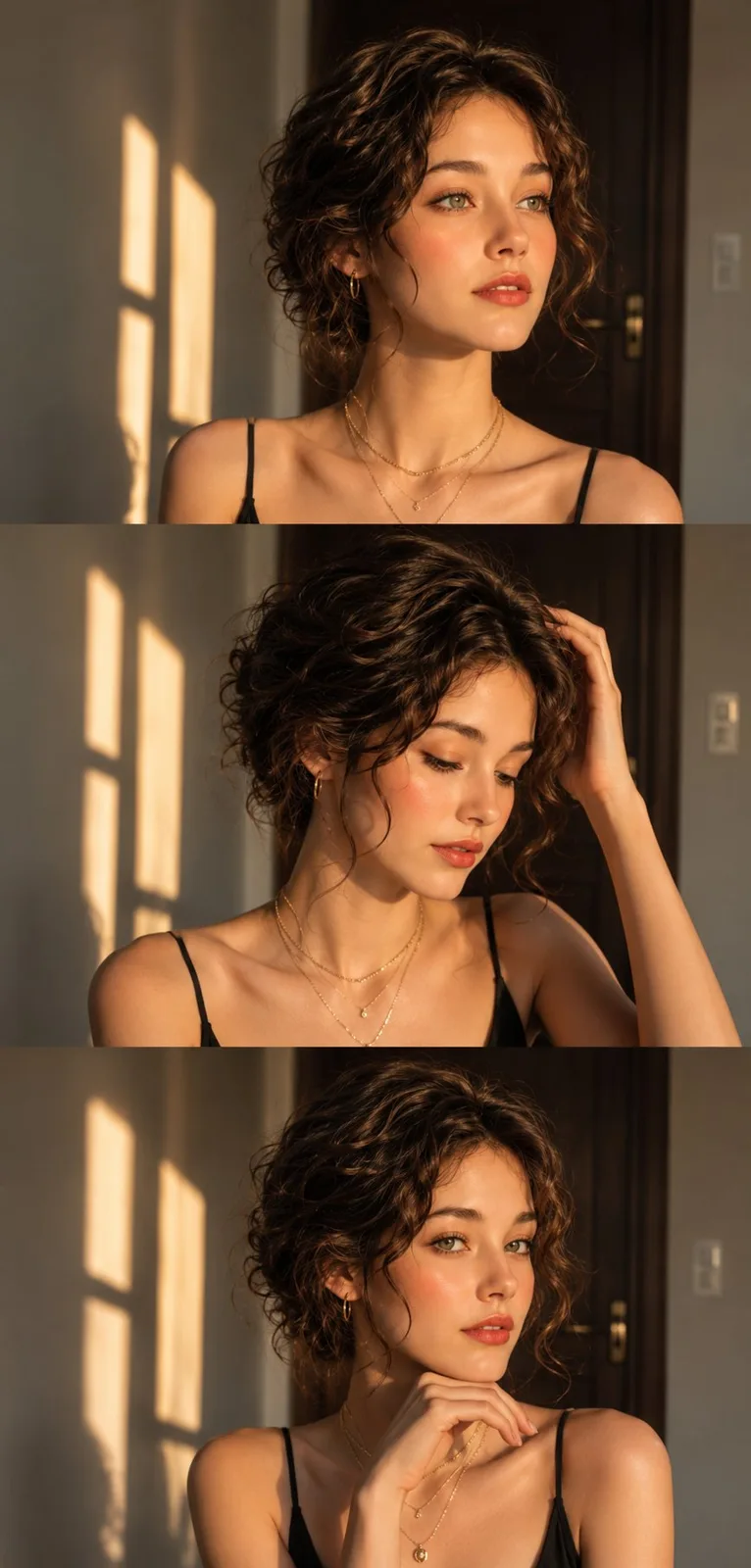 3 panel vertical portrait collage woman golden hour — Sonra