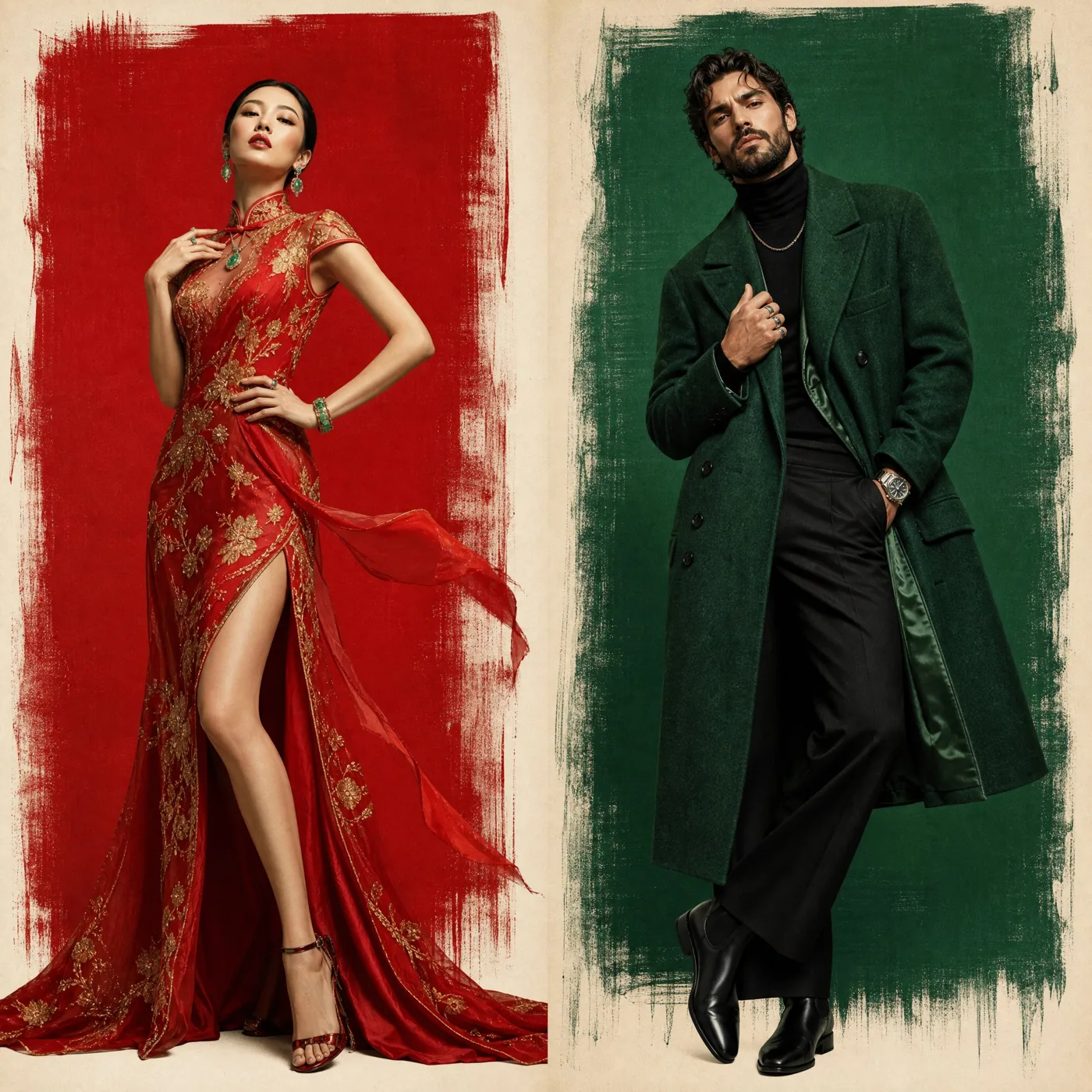 Red green contrast couture fashion art — After