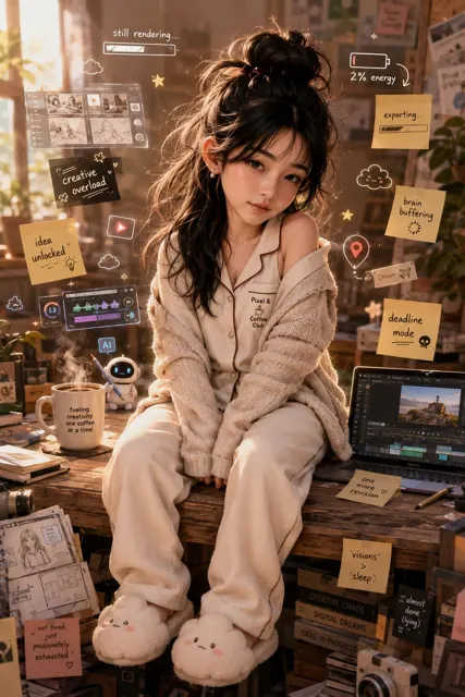 3d chibi exhausted digital creator portrait