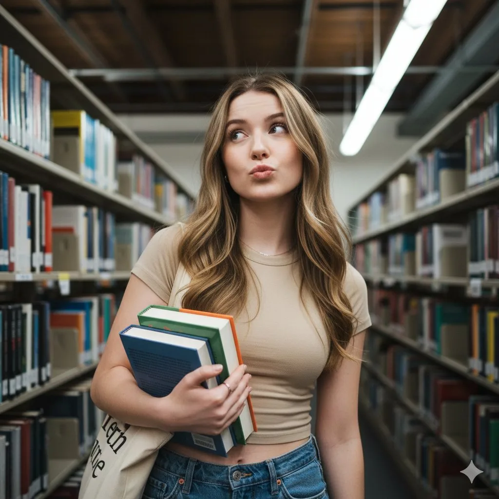 Playful curly library girl — Sonra