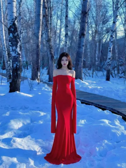Stunning red dress back view in snow