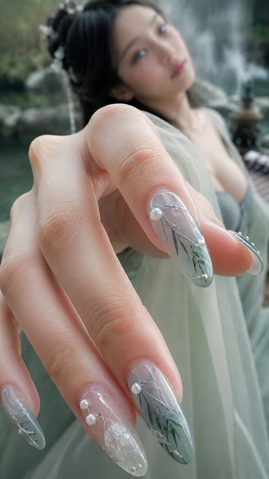 Weijin style riverside bamboo forest portrait ink nail art — After