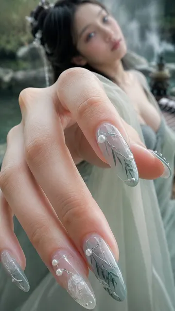 Weijin style riverside bamboo forest portrait ink nail art